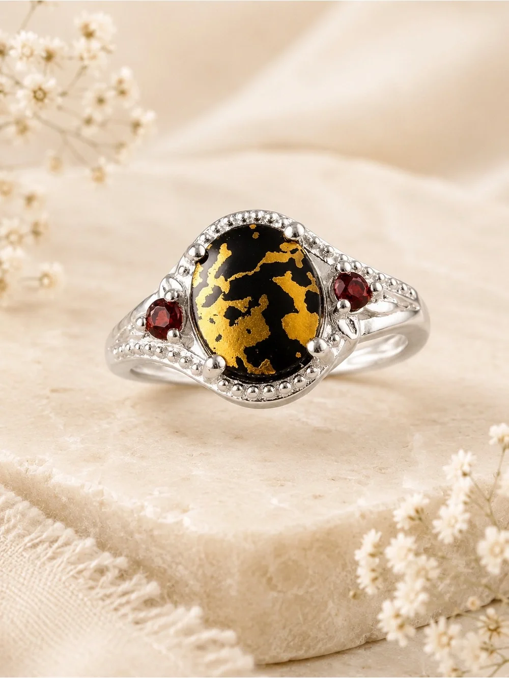 Goldenite & Mozambique Garnet Sterling Silver Ring Size 8 | 2.60 ctw